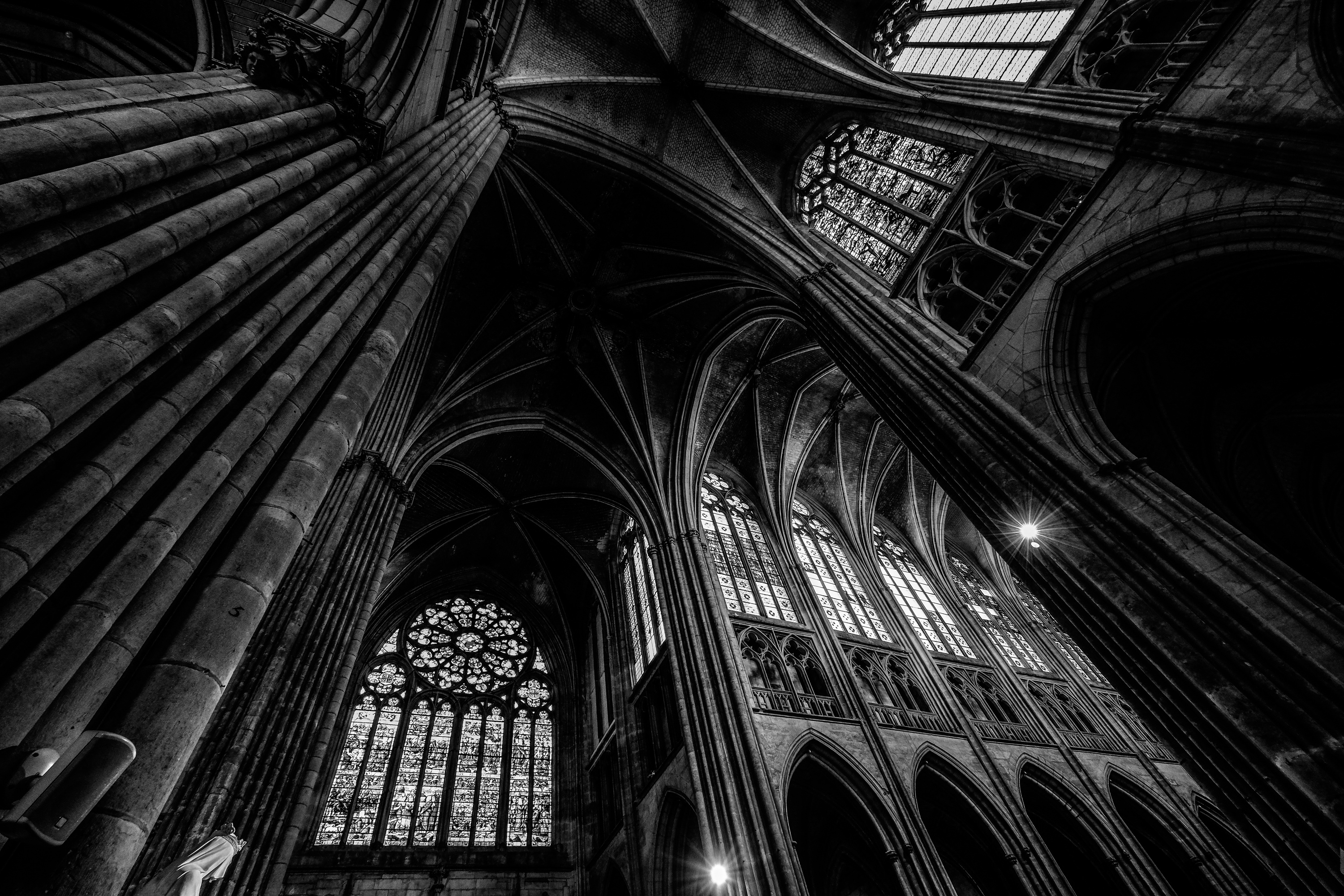 Grayscale Photography of Cathedral Ceiling